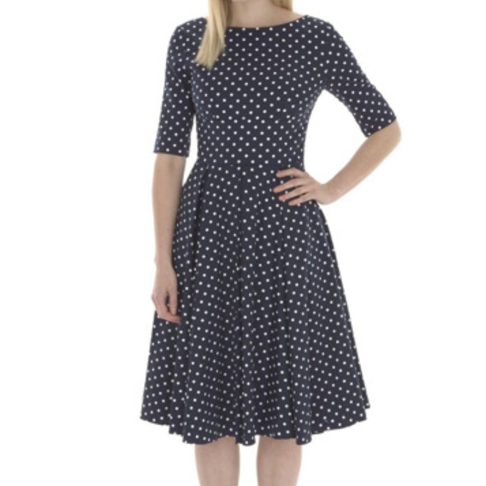 The Pretty Dress Company Hepburn Swing Dress in Blue Polka Dot